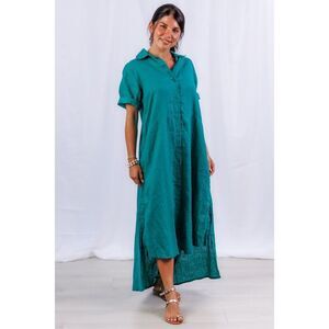 Sea Lustre Tula Midi Dress Green Linen Summer Resort Boho Vacation Size S/XS NWT